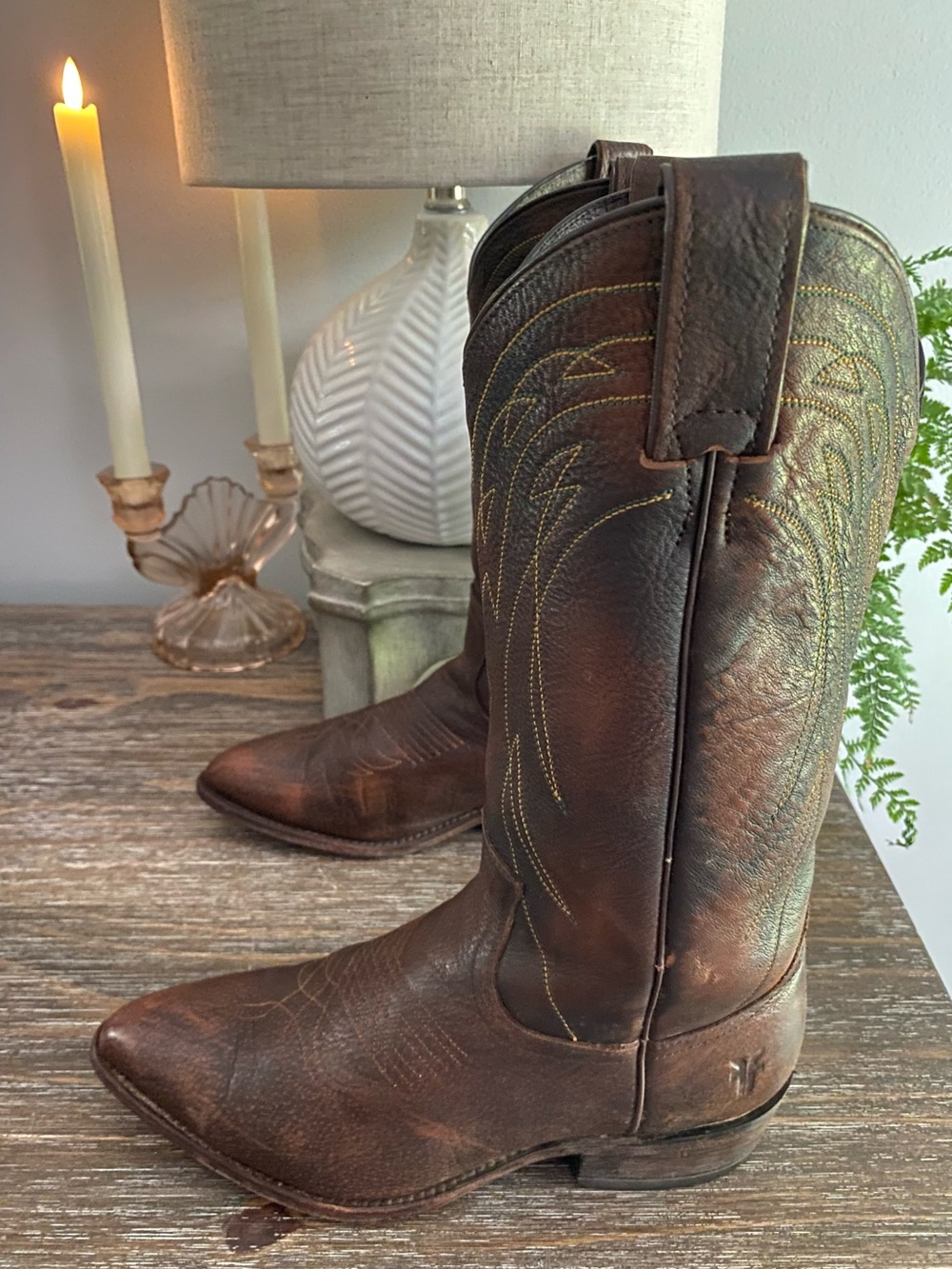 Vtg FRYE Billy Pull-On Deco Stitch Leather Western Cowboy Boots Women 7.5B Brown - Picture 3 of 15